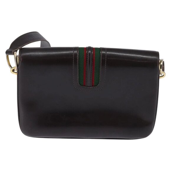 GUCCI Web Sherry Line Shoulder Bag Leather Dark Brown Gold Red Auth ep11429 - Picture 3 of 16